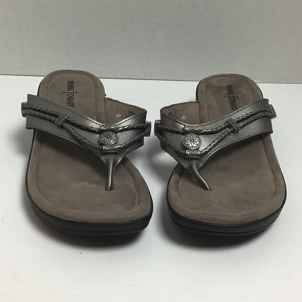 Minnetonka Silverthorne sandals in pewter. 9